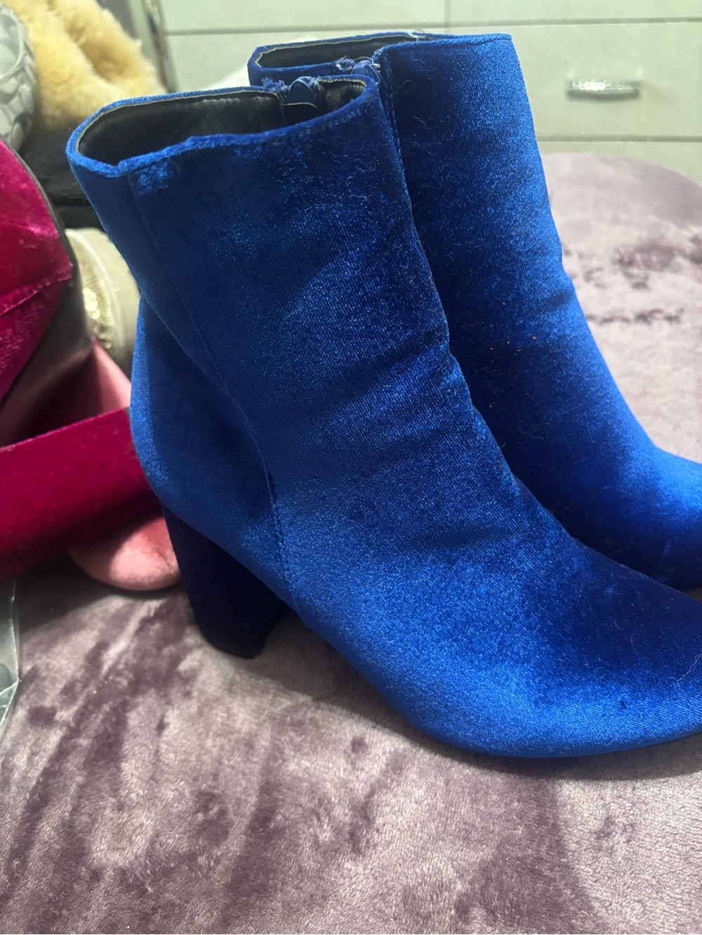 Electric Blue velvet shoes with round toe and block heel. Size 8